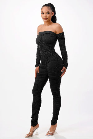 Off Shoulder Long Sleeve Ruched One Piece Jumpsuit