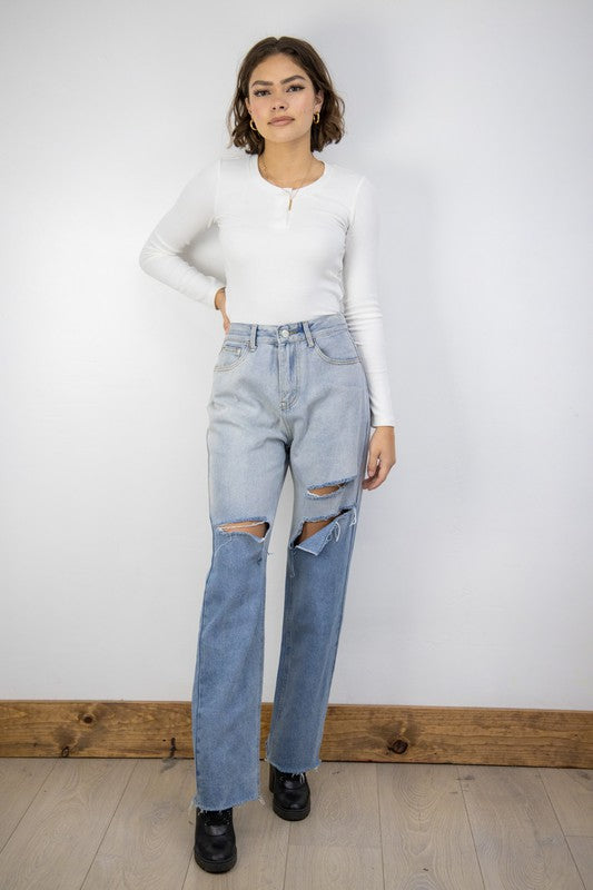 Ombre Ripped High Waist Straight Jeans