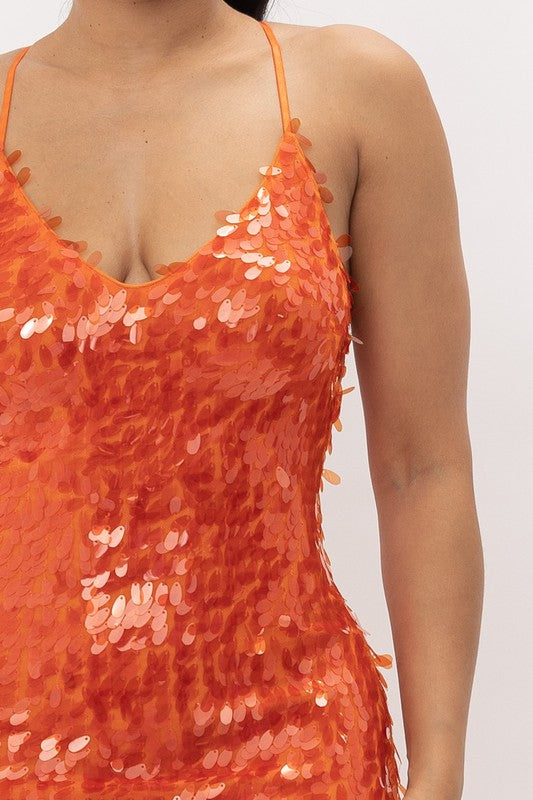 Orange Fringe Sequin Dress