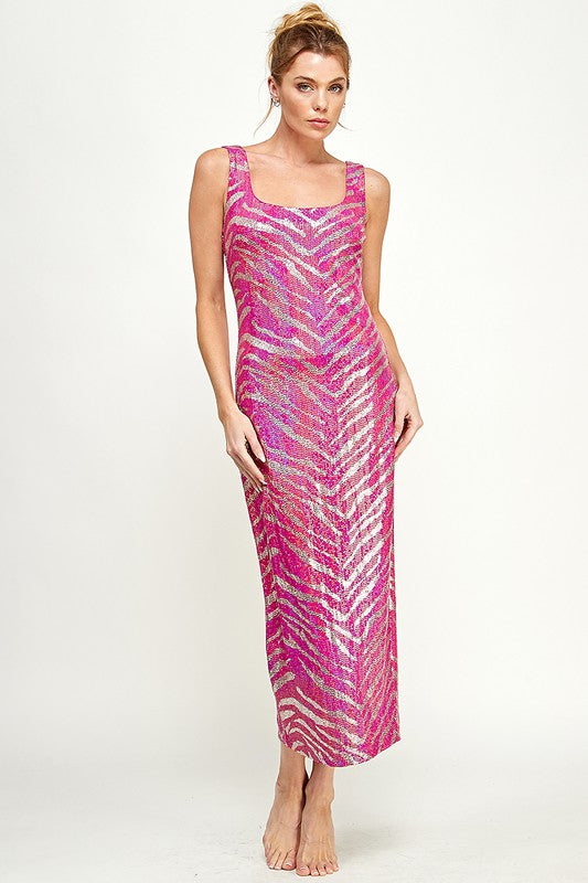 Pink Sequin Zebra Print Dress