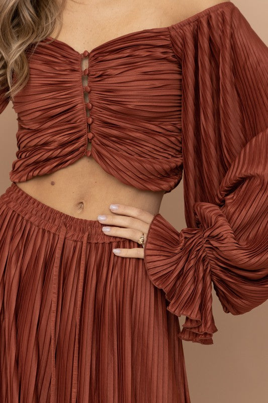 Pleated Crop Blouse with Palazzo Pant Set