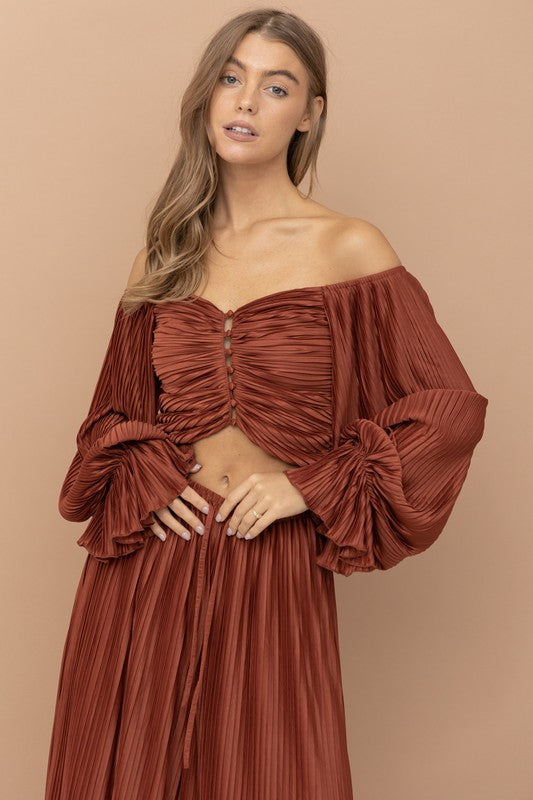 Pleated Crop Blouse with Palazzo Pant Set