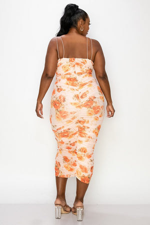Plus Size Floral Print Ruched Midi Dress