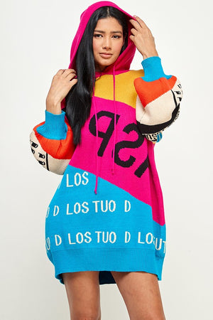 Print Color Block Knit Hoodie Dress