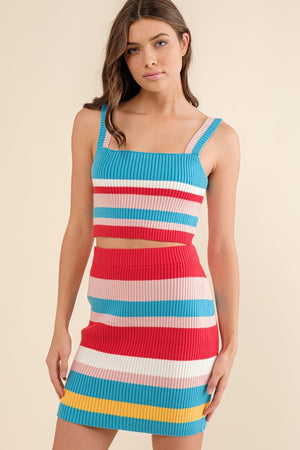 Ribbed Multi Color Stripe Top with Skirt Set