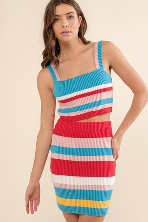 Ribbed Multi Color Stripe Top with Skirt Set