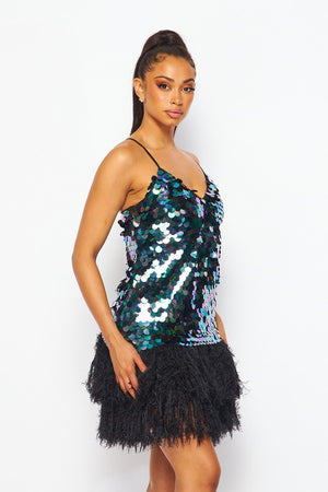 Sleeveless Sequin Mini Dress with Feather Trim