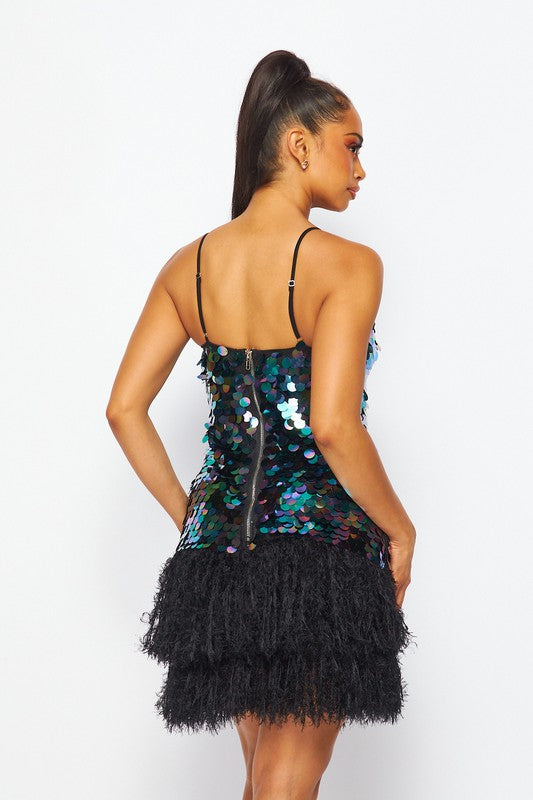 Sleeveless Sequin Mini Dress with Feather Trim