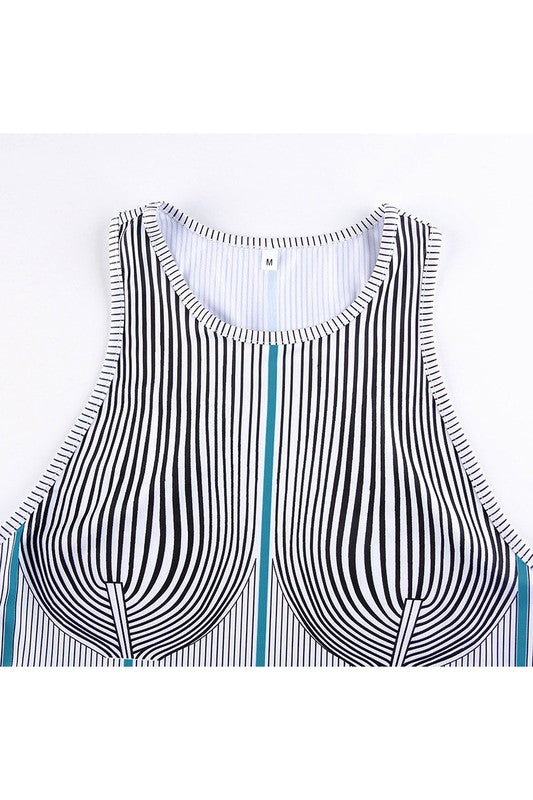 Sleeveless Vertical Print Midi Bodycon Dress