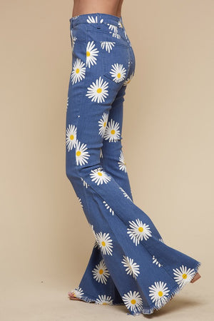 Daisy Print Bell Bottom Jeans