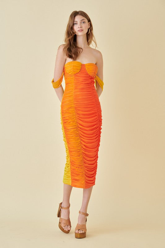 Sunset Ombre Ruched Mesh Midi Dress