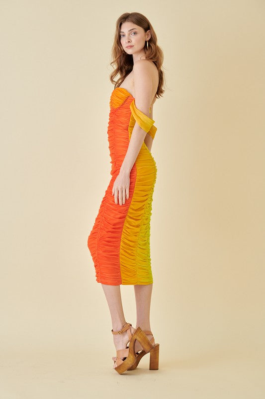 Sunset Ombre Ruched Mesh Midi Dress