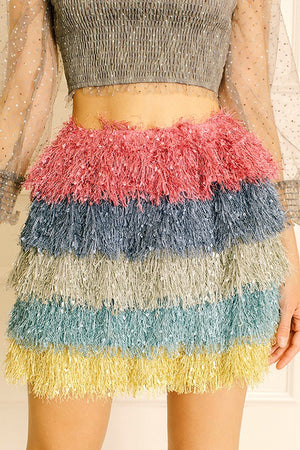 Tiered Color Block Tinsel Mini Skirt