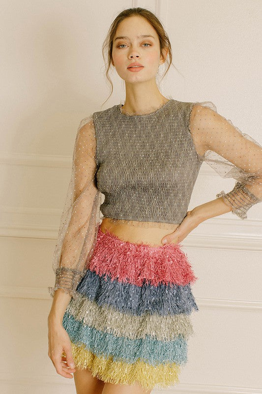 Tiered Color Block Tinsel Mini Skirt