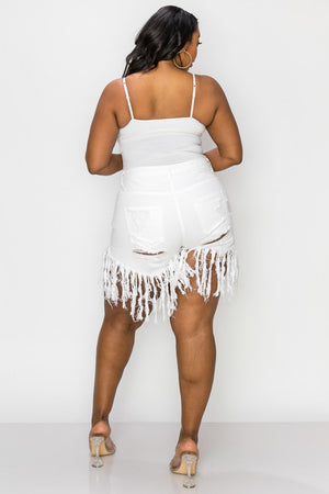 Plus Size White Fringe Tassel Jean Shorts