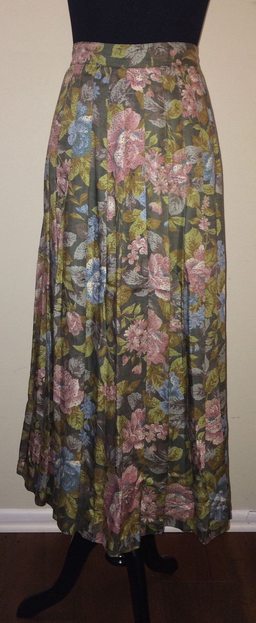 Vintage Floral Print Pleated Midi Skirt