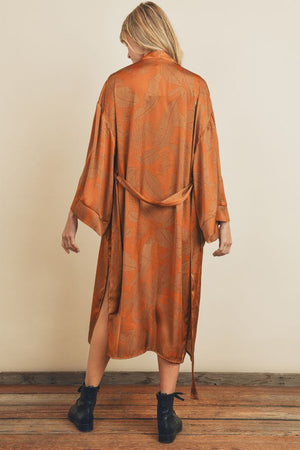 Rust Tropical Print Satin Kimono